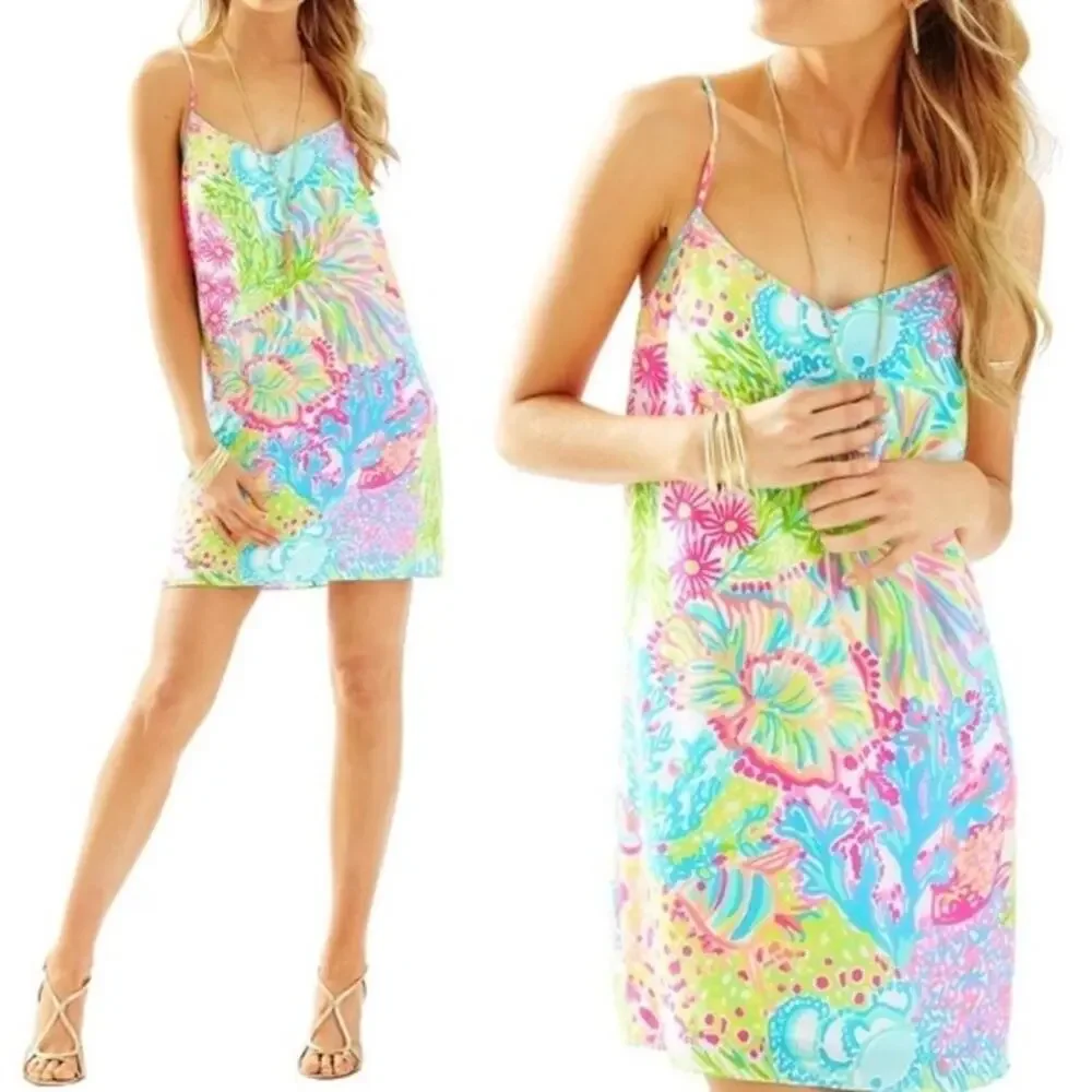 Lilly Pulitzer Dusk Colorful Neon ‘Lovers Coral’ Silk Mini Slip Dress Size M